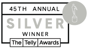45th Annual Telly Awards Silver Winner badge with a statuette icon