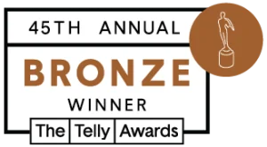 45th Annual Telly Awards Bronze Winner badge with a statuette icon